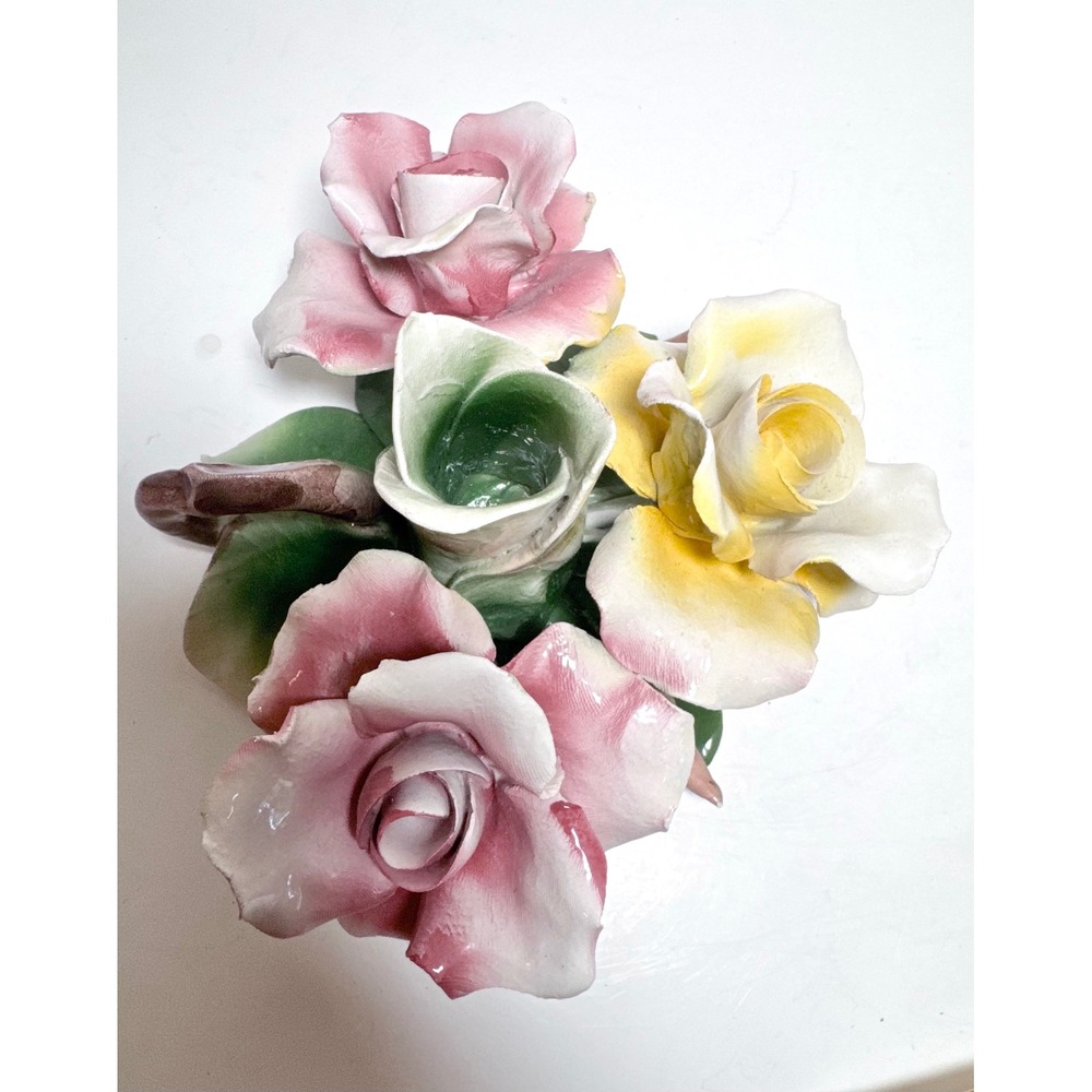 Vintage Capodimonte Italian Porcelain Pink Yellow Rose Floral Sculpture Italy N